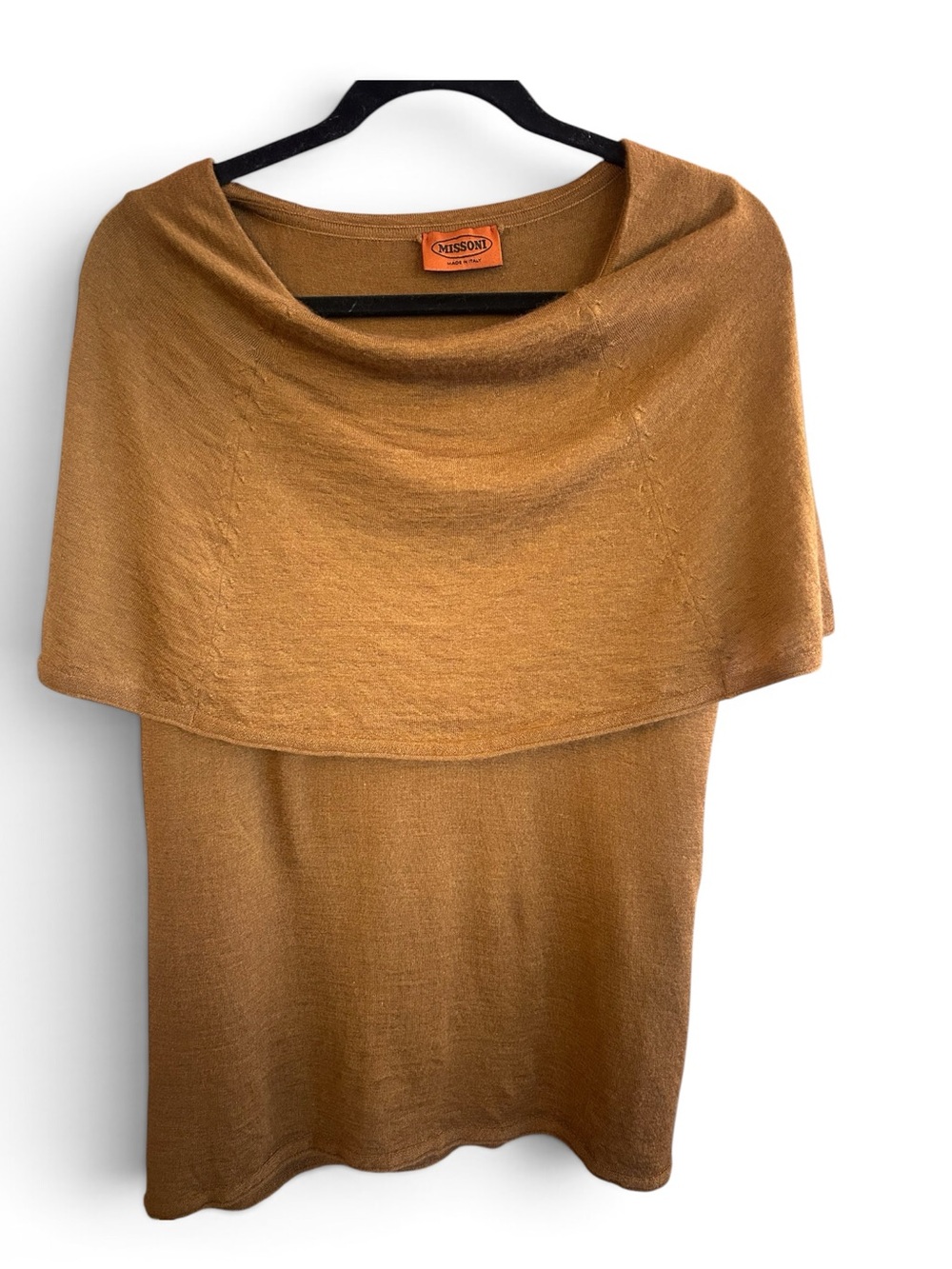 Missoni Vintage Casmere Camel Brown Cowl-Neck Knit Cape Sweater Size S